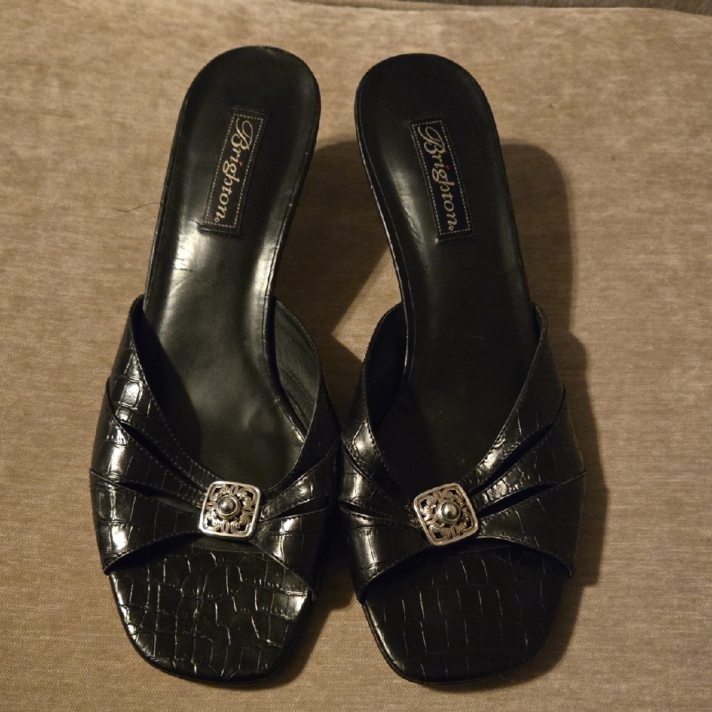 Brighton Black Croc-Pattern Mules with Silver Accent